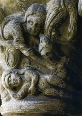 La création d'Eve sculptée sur la pierre du chapiteau du cloitre de l'ancienne église Sainte-Eulalie à Elne dans les Pyrénnées -Orientales (France).  JPEG - 14.1 ko