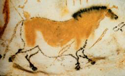 La peinture d'un cheval , dans son mouvement décomposé, sur la paroi d'un diverticule dans la grotte de Lascaux, en France.  JPEG - 37.8 ko