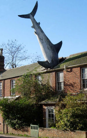 Sculpture monumentale habillant le toit d'une maison particulière à Oxford.  JPEG - 37.9 ko