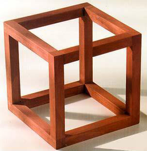 Cet "objet impossible" n'est perceptible visuellement comme un cube que d'un seul point de vue. Aller voir la lithographie du « Belvèdère » de M. C. Escher.  JPEG - 24.3 ko