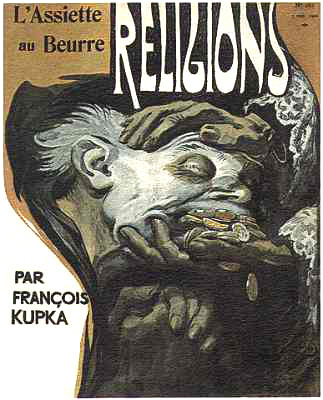 Couverturedu journal satirique "L'Assiette au Beurre", n° 162, 1904, sur le thème « les Religions » par François KUPKA.  JPEG - 56.4 ko