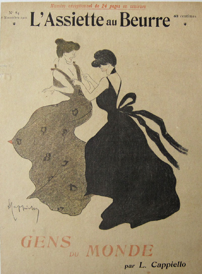 Leonetto CAPPIELLO est l'auteur de l'illustration de la couverture du n° 84 « Gens du Monde » du journal « l'Assiette au beurre » du 8 novembre 1902.  JPEG - 93 ko