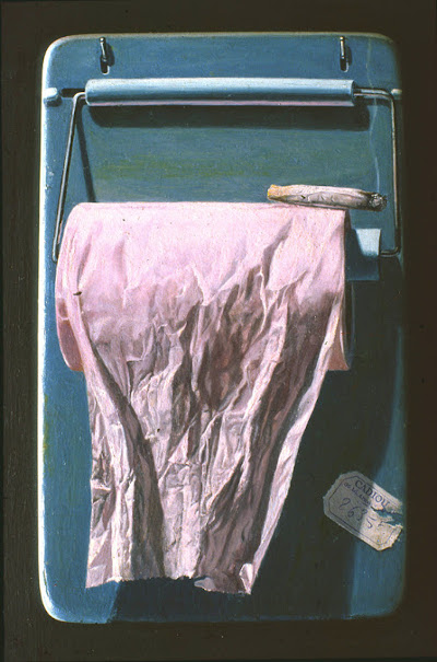 " Le mégot ", accessoirement posé sur le rouleau de papier toilette - peinture en trompe-l'oeil - 1971.  JPEG - 81.6 ko
