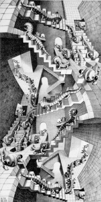Lithographie de ESCHER, figurant une cage d'escaliers accédant les uns aux autres à l'infini...un rêve  JPEG - 98.3 ko
