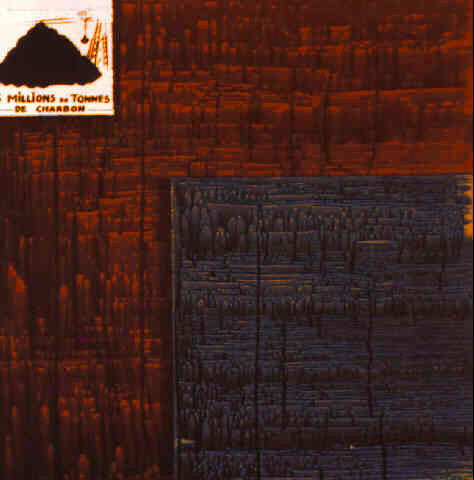 « Millions de tonnes de charbon », peinture sur coutil de sommier (toile rayée grise et blanche).  JPEG - 55.2 ko