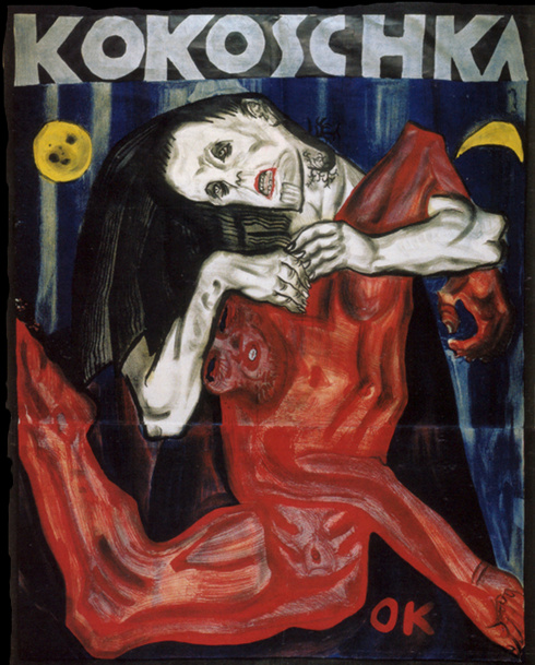 Affiche, sur le thème de La Piéta, éditée pour la représentation du drame "Meurtre, espoir des femmes", dont Kokoschka est aussi l'auteur dramatique.  JPEG - 164.6 ko