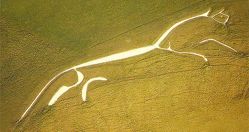 Prémisse de l'"art paysager" contemporain, la silhouette du cheval est gravée et entretenue depuis des centaines d'années dans le sol crayeux des champs, à Uffington en Angleterre.  JPEG - 63.7 ko