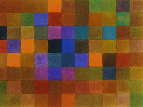 Travail en commun avec Paul Klee au sujet de la juxtaposition des couleurs, dans le cours préliminaire au Bauhauss.  JPEG - 61.6 ko
