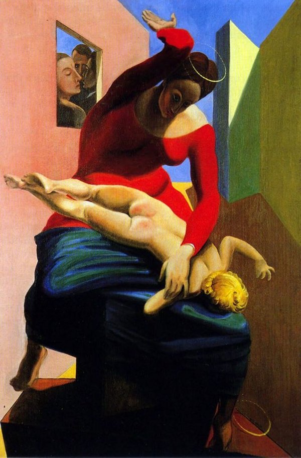 La Vierge corrigeant l'enfant Jésus devant trois témoins.  JPEG - 96.3 ko