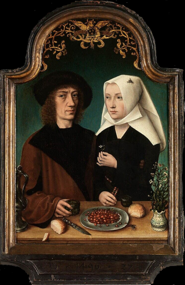 Peinture à l'huile sur bois. Portrait de l'artiste et de son épouse. Vers 1480. Il y a au moins deux mouches en trompe-l'oeil . A vous de les trouver !.  JPEG - 532.2 ko