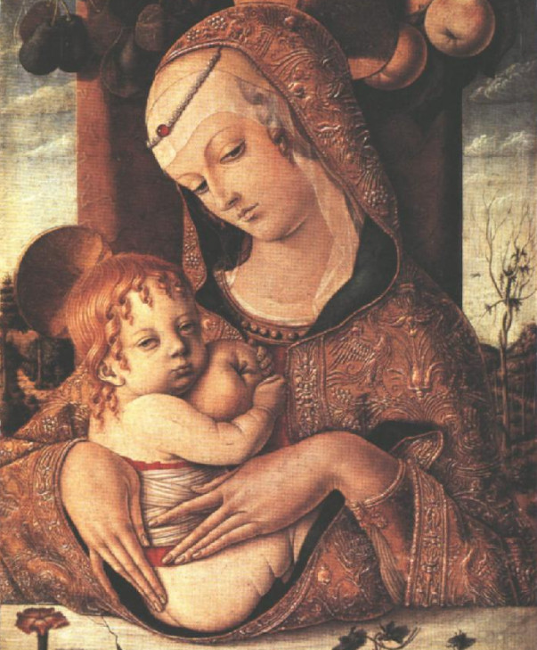 Carlo Crivelli : peinture à l'huile représentant Une « Vierge à l'Enfant » avec une mouche réaliste en trompe-l'oeil. Vers 1480  JPEG - 156.8 ko