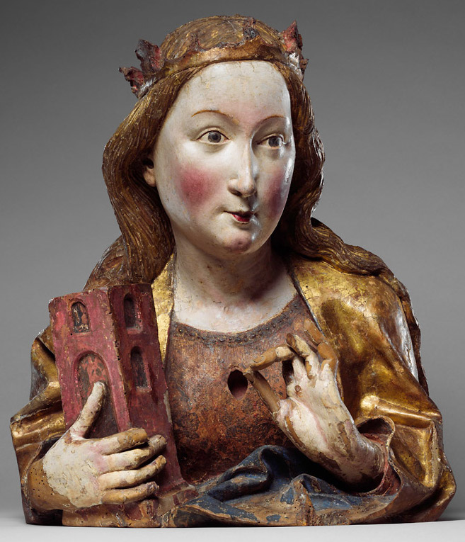 Buste en bois de noyer, polychrome, de sainte Barbe.  JPEG - 163 ko