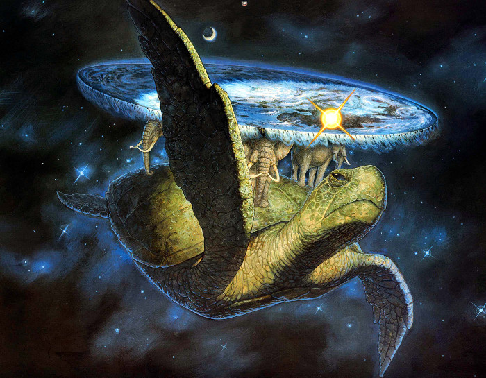 la grande tortue A TUIN portant sur son dos les quatre éléphants soutenant le DISQUE-MONDE inventé et écrit par Terry Pratchett.  JPEG - 156.8 ko